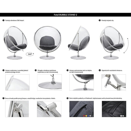 Fotel BUBBLE STAND 2 poduszka czarna - akryl, chrom, ekoskóra