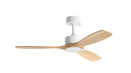 Wentylator SANTORINI biały, drewno naturalne Ø112 DC 30W LED 24W CCT zmienna barwa, pilot