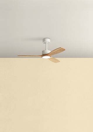 Wentylator SANTORINI biały, drewno naturalne Ø112 DC 30W LED 24W CCT zmienna barwa, pilot