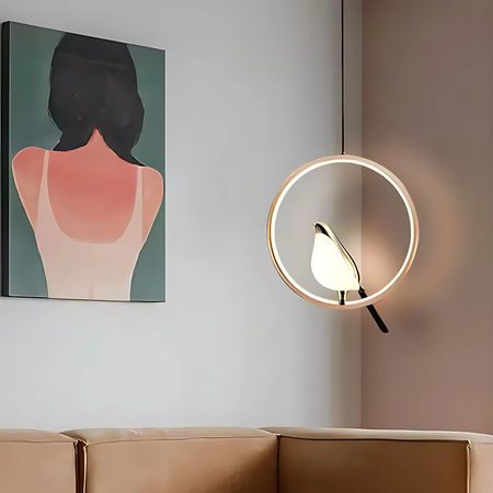 Lampa wisząca Abigali Bird 18W okrągła z ptakiem nowoczesna złoty